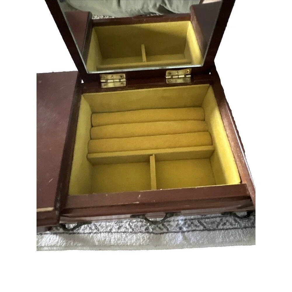 Vintage Mid Century Musical Wooden Jewelry Box, Drawers, Mirror, Velvet Lined
